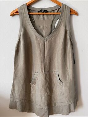 Y2K New bebe SILK Taupe V-Neck Tie-Back Tank with Kangaroo Pocket
